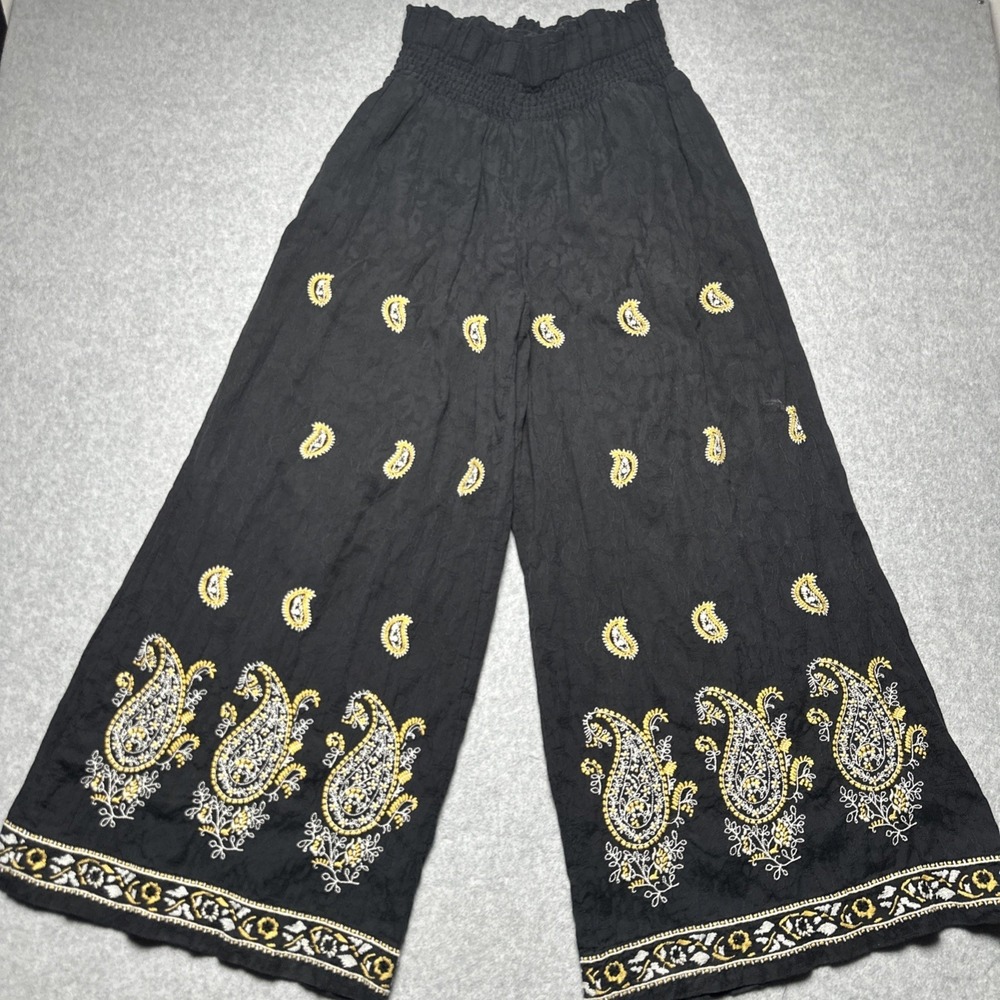 Anthropologie Maeve Smocked Wide Leg Embroidered Pants lined boho festival Small - Picture 3 of 11